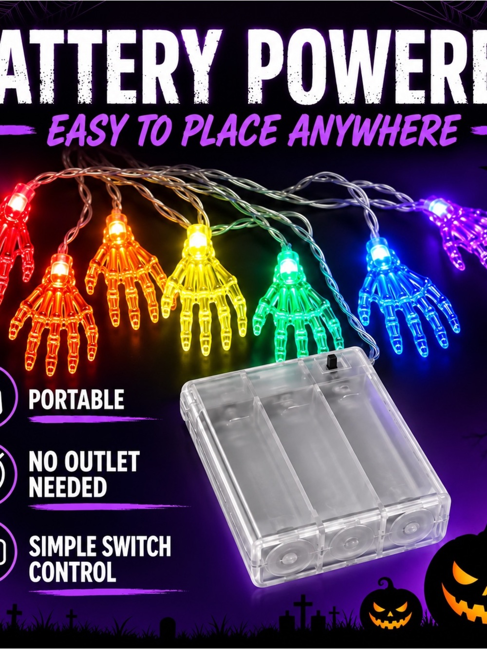Battery-Powered Halloween Skeleton Hand LED String Lights - Multicolor